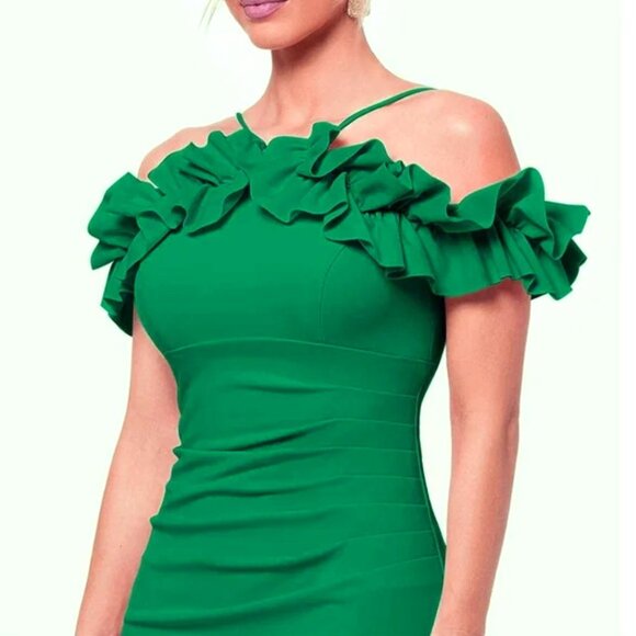 Xscape Green Ruffle Off the Shoulder Scuba Crepe Sheath Dress - Picture 3 of 3